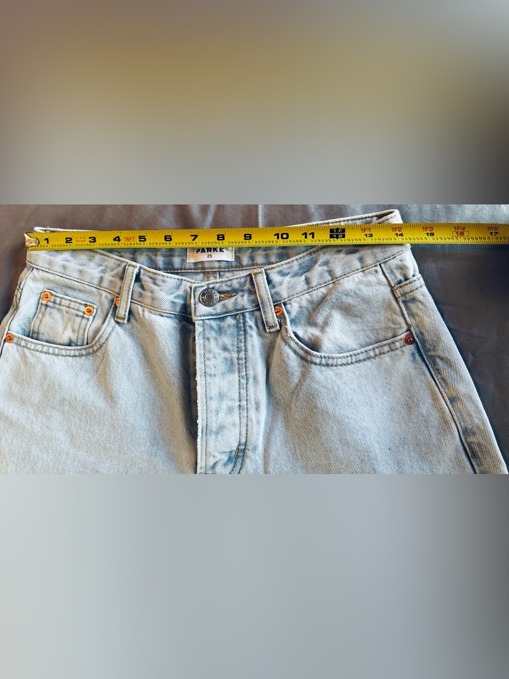 PARKE Button Fly Light Blue Straight-Leg Jeans w Raw Edge Frayed Hem - Picture 14 of 16